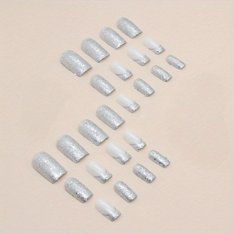 24pcs Glossy White Sequin Press On Nails with Full Coverage and Glitter - Perfect for Women and Girls