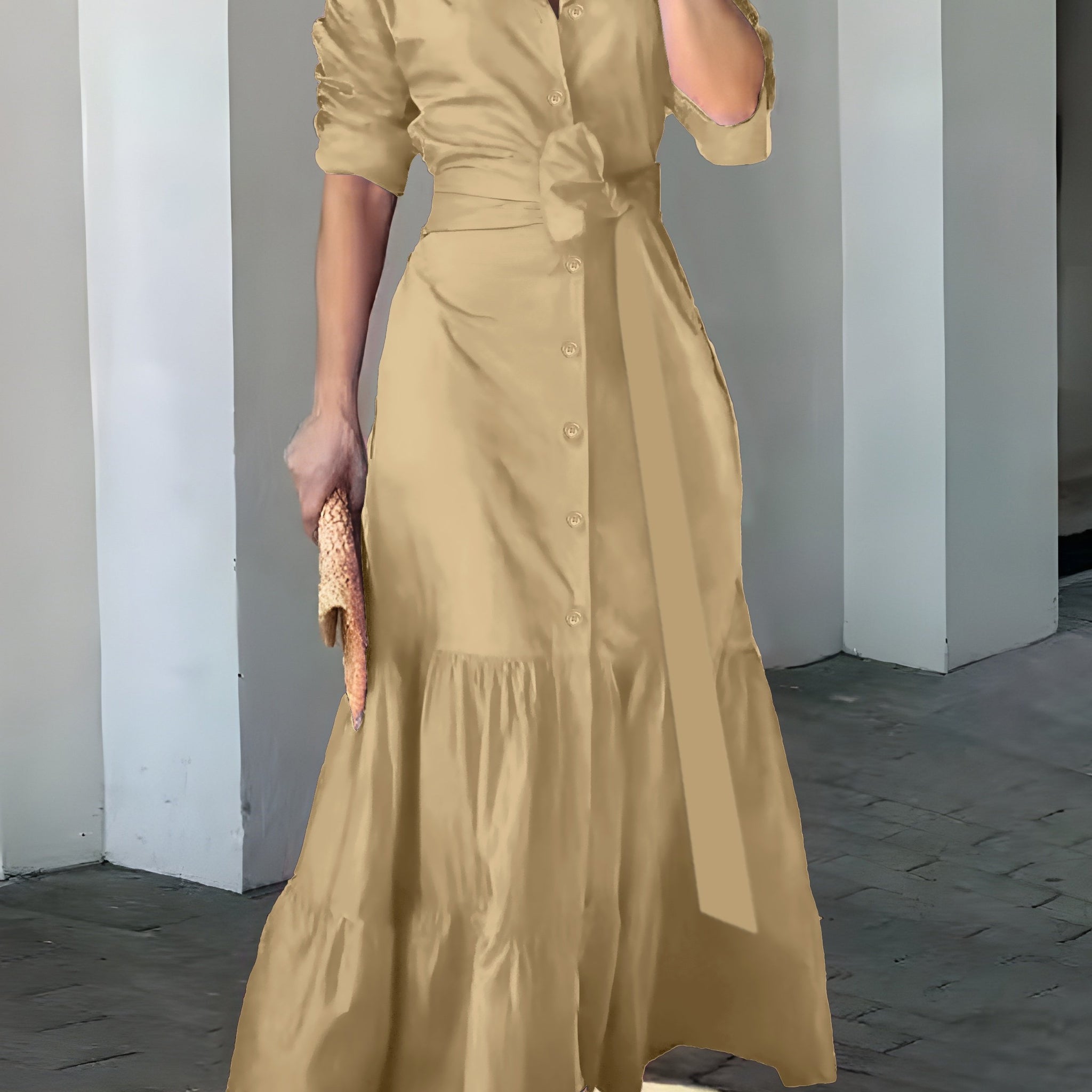 Elegant Maxi Dress with Belt and Ruched Sleeves for Women - Chic Ruffle Trim, Woven Polyester, Ideal for Spring/Fall