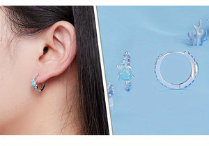 Sterling 925 Silver Jewelry Cute Turtle Design Blue Hoop Earrings With Shiny Zircon Decor Creative Female Gift