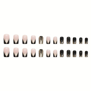 24pcs Short Square Shape Press On Nails, Fake Nail With Golden Glitter Powder Decor,  Golden Black Fake Nails,  Glossy  Acrylic Full Cover N