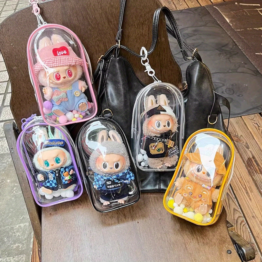 1pc Transparent PVC Doll Protector Case for 6.69" Labubu Plush - Durable Display Organizer with Zipper, Portable Dust Cover for Collectible Toys, Dark Pink/Purple/Yellow/White/Black/Green, Toy Storage, Clear Visibility Construction