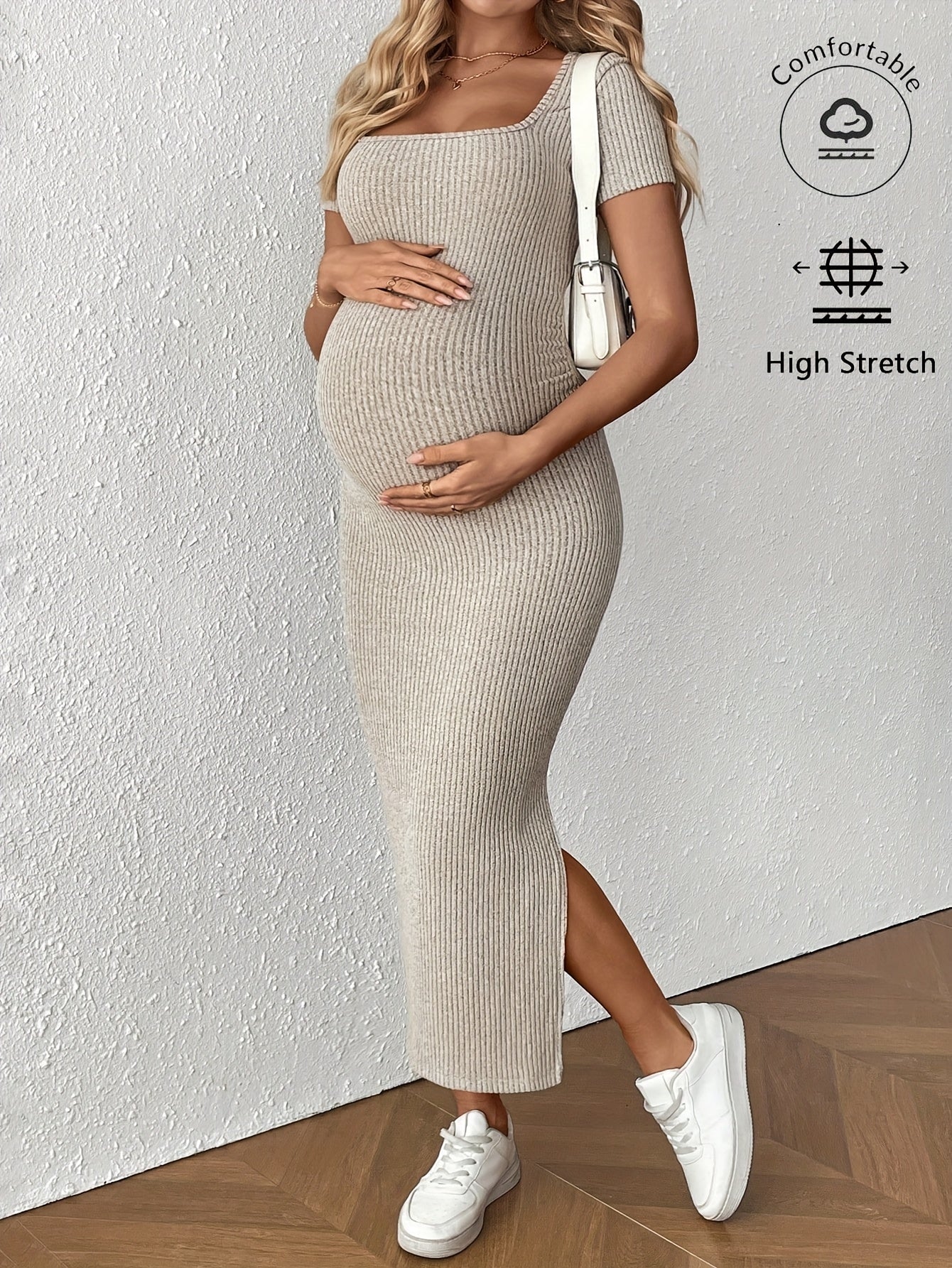 Maternity Bodycon Dress - Square Neck Short Sleeve Ruched Hem Stretchy Knit Pregnancy Dress for Women, Breathable Summer Casual Wear, Machine Washable Solid Color Regular Fit, Maternity Dresses, Comfortable Pregnancy Outfit, Elegant Pregnancy Outfit, Stre