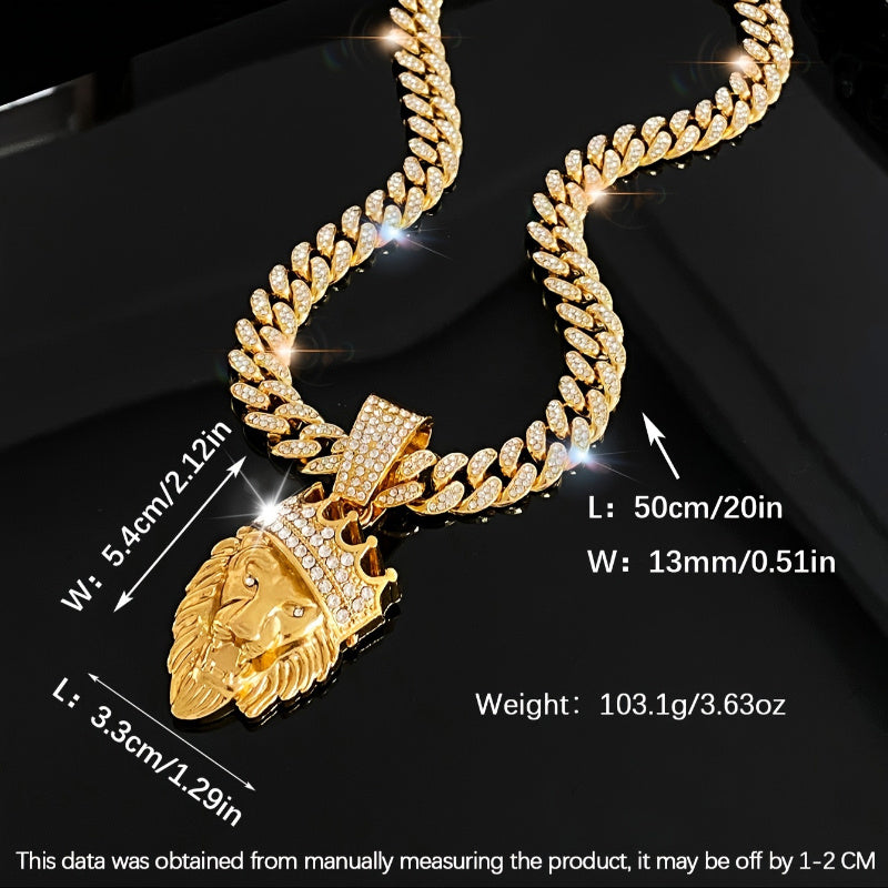 Men'S Crown Lion Head Zinc Alloy Pendant Necklace, Hip Hop Men'S Rhinestone Cuban Chain, Suitable for Daily, Banquet Wear, The Perfect Gift