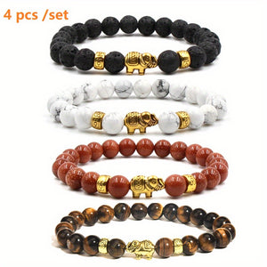 4pcs Natural Stone Elephant Bracelet Sandstone, Tiger Eye Stone, Volcanic Stone, White Pine Stone, Meditation Jewelry