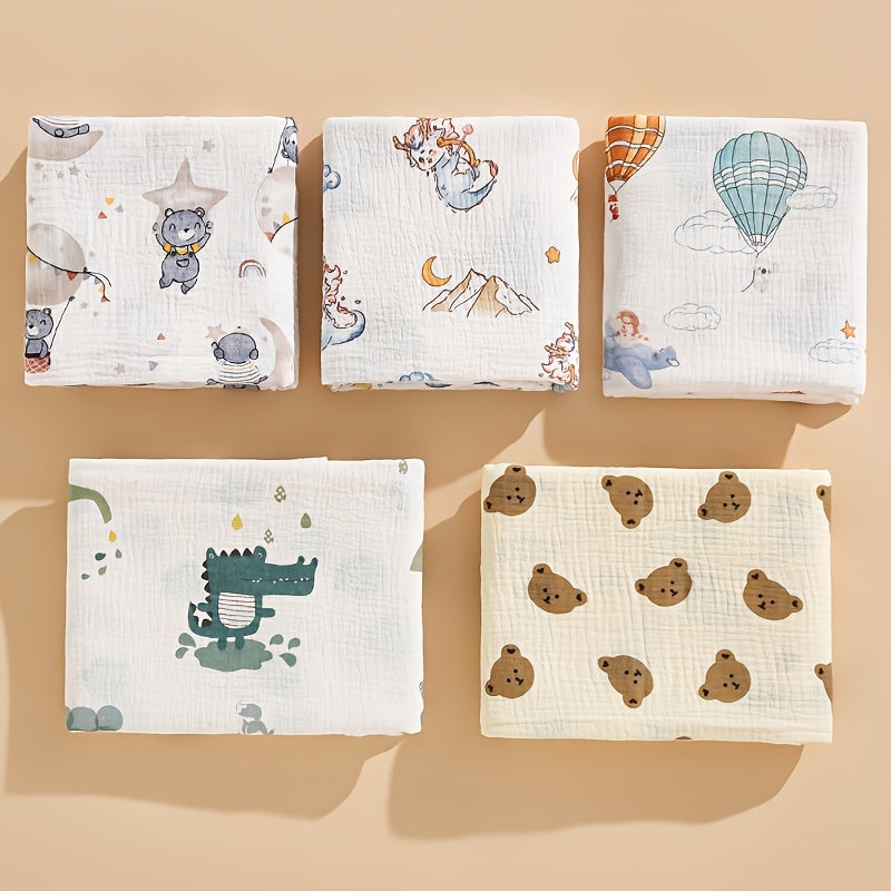 Soft Foldable Swaddle Blanket for Newborns - White with Green Elephant & Umbrella Print, Light Beige-Friendly Cotton, Perfect for Bath Time & Cuddling, Baby Blanket, Newborn Care, Playful Print, Wrinkly Texture