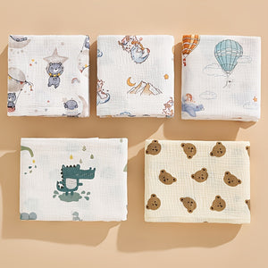 Soft Foldable Swaddle Blanket for Newborns - White with Green Elephant & Umbrella Print, Light Beige-Friendly Cotton, Perfect for Bath Time & Cuddling, Baby Blanket, Newborn Care, Playful Print, Wrinkly Texture