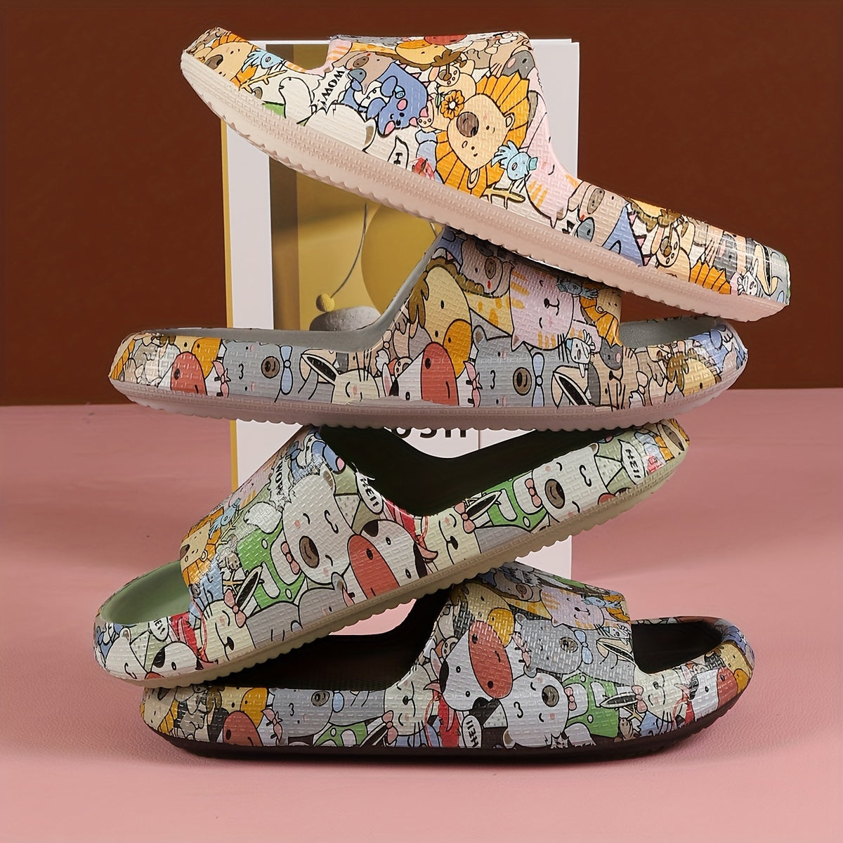 Fashionable Women's Cartoon Graffiti Slides - Summer Thick Sole EVA Slippers, Open Toe, Machine Washable, Trendy One-Strap Design