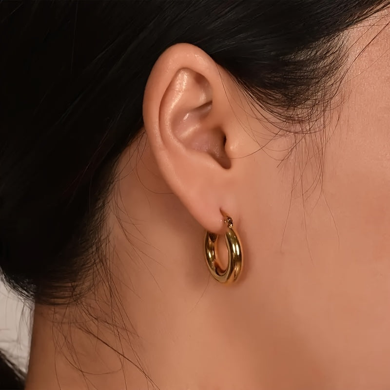 Fashionable Stainless Steel Round Thick Loop Earrings, Plated With 18K Golden Glossy Round Earrings, Perfect For Anniversary Birthday Gifts