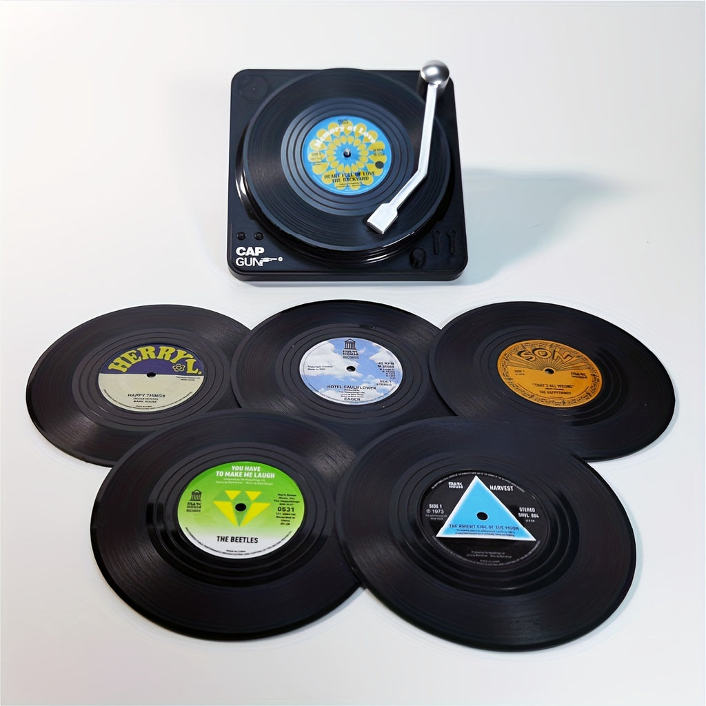 6pcs, Non-Slip Vinyl Record Coasters with Holder - Heat Insulated Cup Mat for Home and Room Decor - Drinkware Accessories