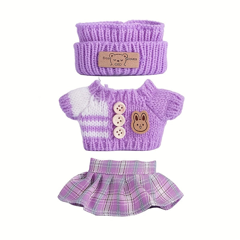 17cm Labubu Doll Clothes For With 3 Outfits - Stylish Fisherman Hat & Sweaters & Pants Or Skirt Set For 17cm Dolls, Adorable BuLabu Accessories For Play & Display (Not Included Shoes & Doll)