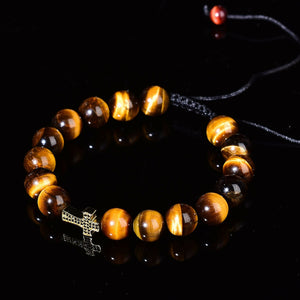 Natural Tigers Eye Quartz Reiki Crystal Cross Fashion Chakra Bracelet Adjustable