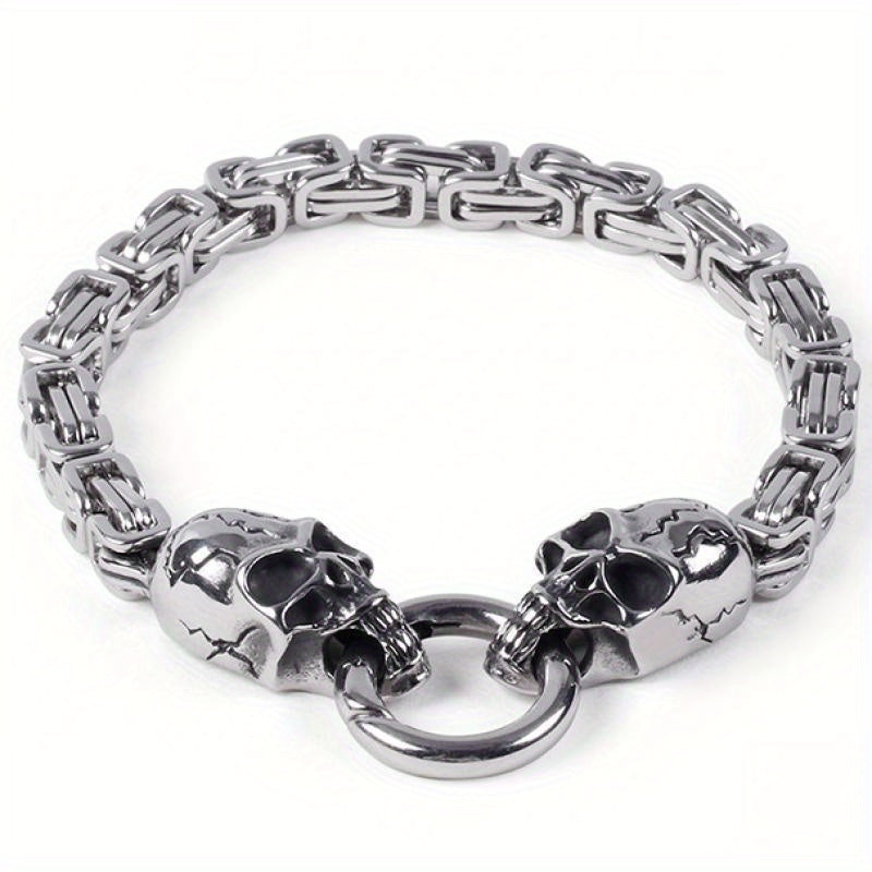 Stainless Steel Double Skull Bracelet, Fashion Personality Rock Trend Halloween Ornaments