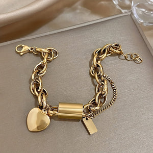 Punk Chunky Gold Color Thick Chain Stainless Steel Bracelets Fashion Design Heart Love Pendant Wrist JewelryNew Year's Gifts Valentine's Day