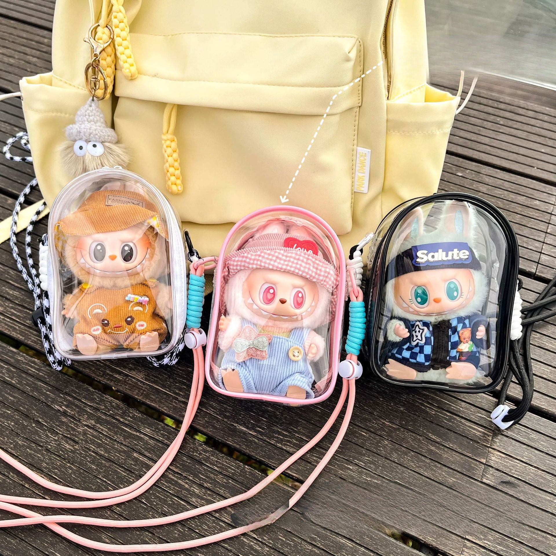 Labubu Vinyl Sitting Party 5.91inch Doll Crossbody Bag | Multi-Color Transparent PVC Storage with Cartoon Design | Adjustable Strap & Zipper Closure | Ideal for Essentials, Bag
