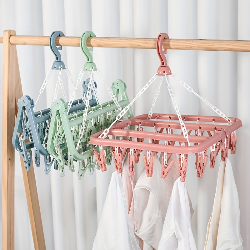 3 Colors Available, Rotatable 32-Clip Plastic Clothes Drying Rack - Space-Saving Folding Hanger for Socks, Underwear And Small Clothes - Suitable for Bedroom, Bathroom, Wardrobe And Dorm Storage - Laundry Room Accessories, Clothes Drying Rack, Drying Rack