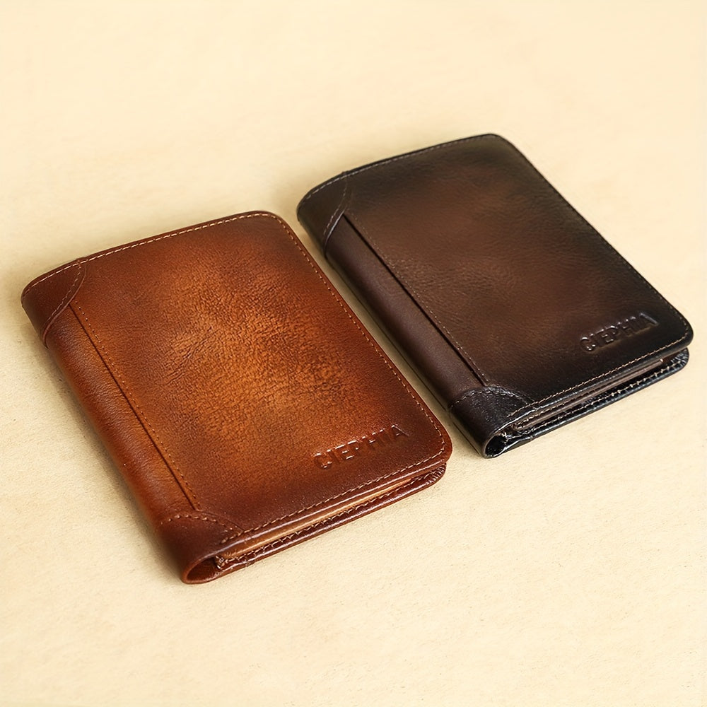 1pc Genuine Leather Rfid Blocking Wallets For Men, Retro Thin Short Multi-functional ID Credit Card Holder, Gifts To Men On Valentine's Day