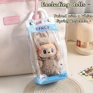1pc LABUBU Storage Box with Transparent Dustproof Bag and Spring Keychain - High-Quality Clear Plastic Display Case Suitable for LABUBU, CRYBABY, and Winter Rhapsody Plush Toys - Collector's Gift Toy Storage Box Visible Content Design