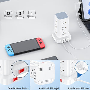 Power Strip Tower Surge Protector, Desktop Charging Station, 10ft Extension Cord, 3-Prong, Grounded, with 12 AC Outlets, 4 USB Ports, Multiple Protections for Home, Office, Dorm Room, Black And White