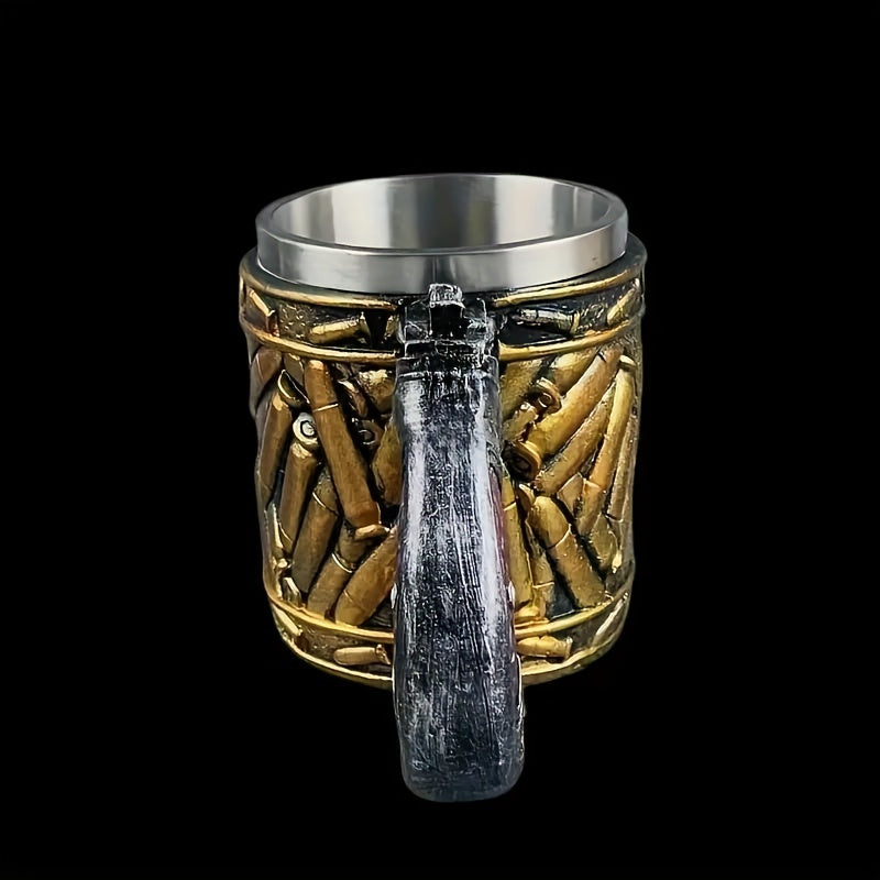 1pc, Pistol Beer Mug With Bullet Shell Decoration, Men's Stainless Steel Beer Mugs, Tea Or Coffee Cup, 450ml / 15.2oz