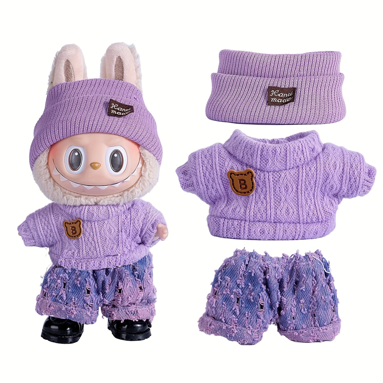 17cm Doll Clothes For Labubu With 3 Outfits - Stylish Fisherman Hat & Sweaters & Pants Or Skirt Set For 17cm Dolls, Adorable Labubu Accessories For Play & Display (Not Included Shoes & Doll)