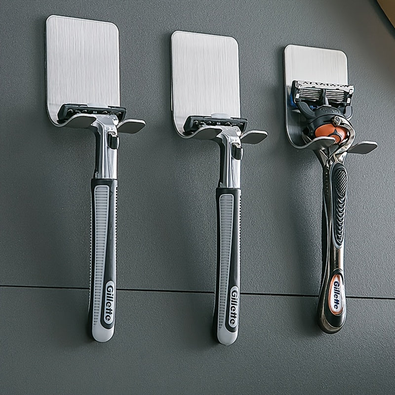 Set Of 2 Silvery Adhesive Wall Hooks, No Need To Drill Bathroom Shaver Holder, Stainless Steel Door Back Wall Hook, Bedroom Hat Hook, Bathro