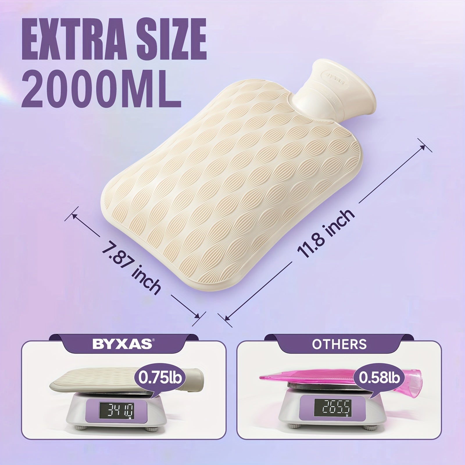 1pc BYXAS Hot Water Bottle, 2L Hot Water Bag For Neck And Shoulder, Hand Feet Warmer, Blue, Purple, White