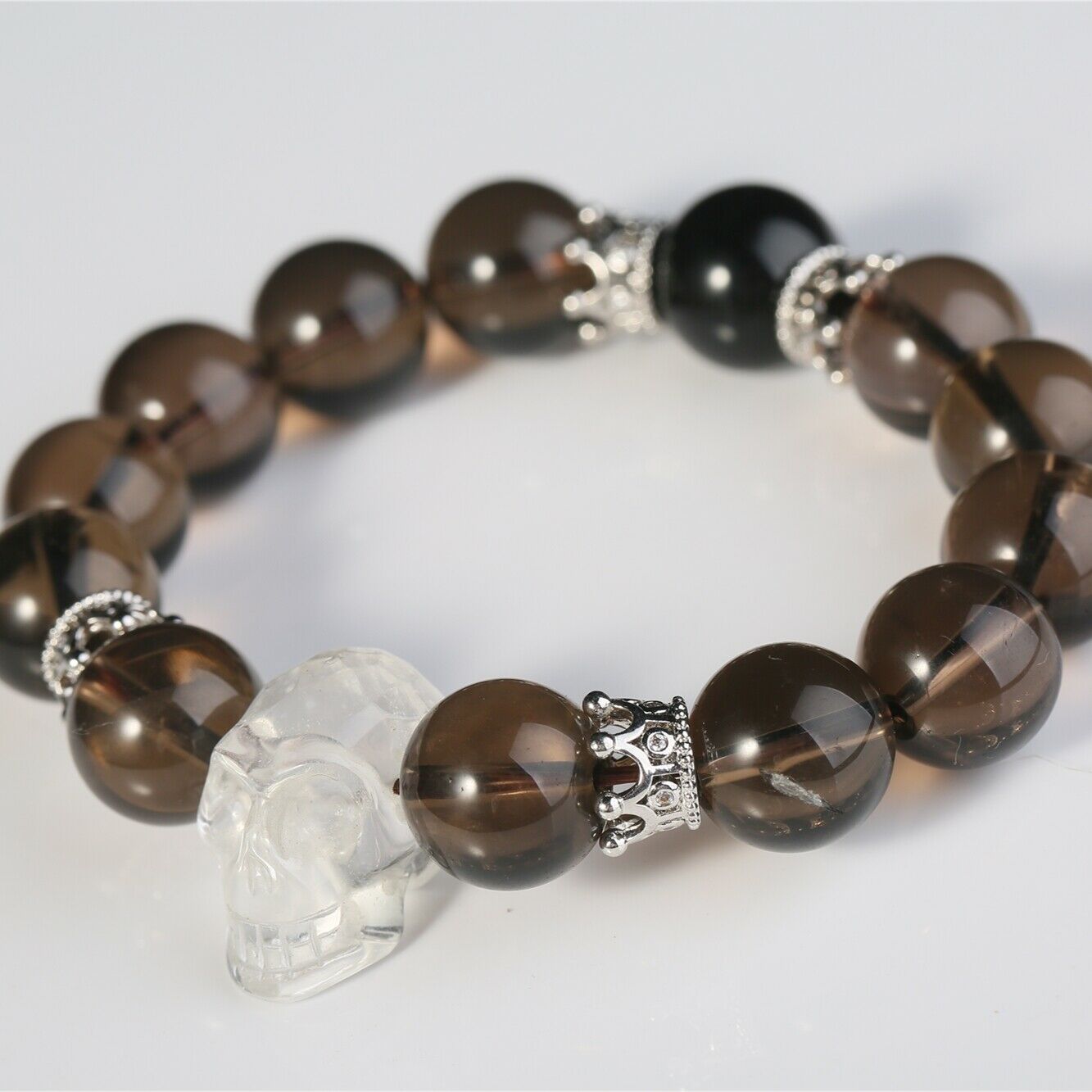 Clear Smoky Quartz Bracelet White Skull Gothic Men Fashion Healing Crystal Beads