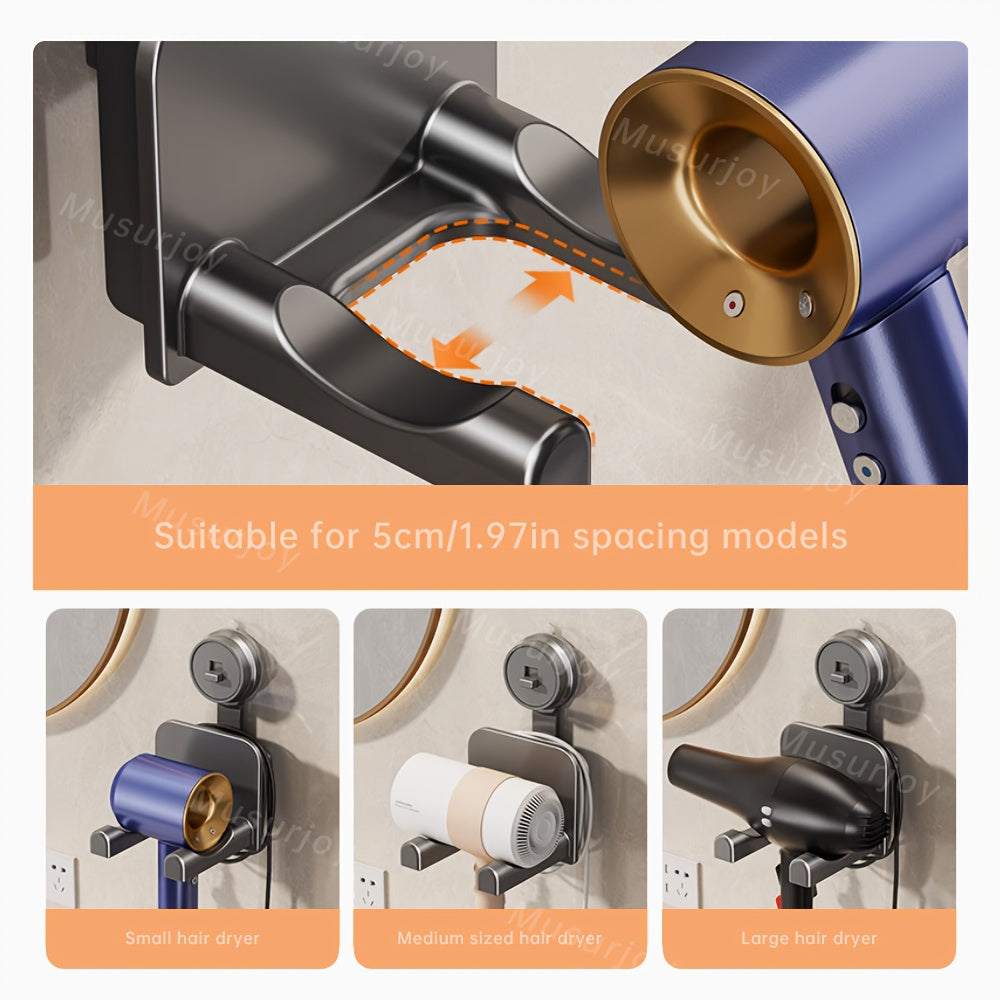 Musurjoy Suction Cup Hair Dryer Holder - Space Aluminum, No Drilling Wall Hanging, Suitable for Bathroom, Bedroom and Living Room, Bathroom