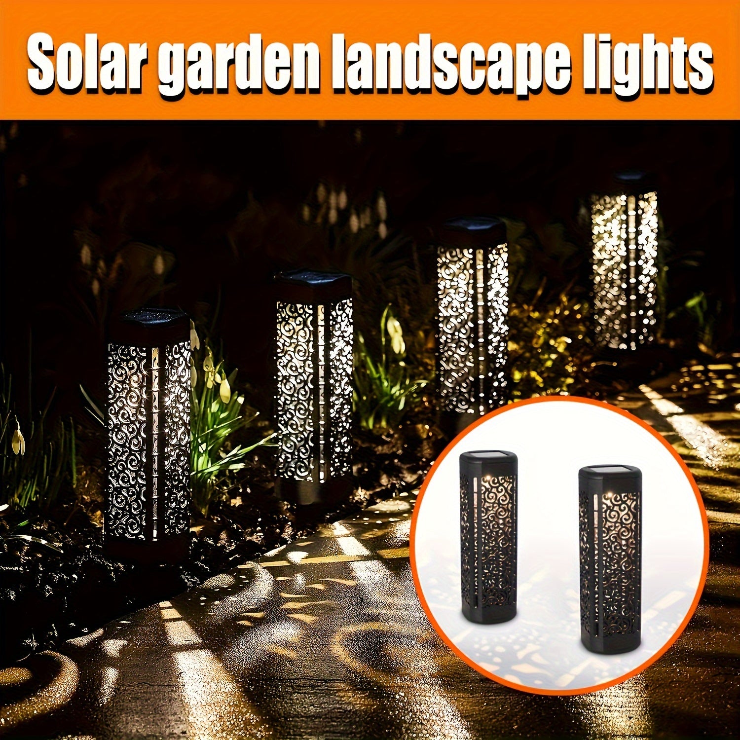 4-Pack Solar Garden Lights Outdoor, ABS Hollow-Carved Path Lights with LED Lens, Energy-Efficient Prong Bulb Base, Polished Flush Mount Solar Powered Landscape Lighting, Detachable Pathway Lamp for Yard, Lawn, Street, Halloween, Christmas Decor