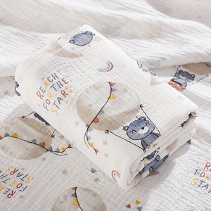 Soft Foldable Swaddle Blanket for Newborns - White with Green Elephant & Umbrella Print, Light Beige-Friendly Cotton, Perfect for Bath Time & Cuddling, Baby Blanket, Newborn Care, Playful Print, Wrinkly Texture
