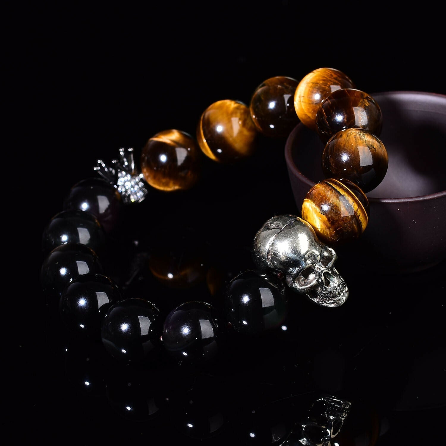 Tigers Eye and Obsidian Mixed Bracelet Reiki Skull Fashion Chakra Crystal Beads