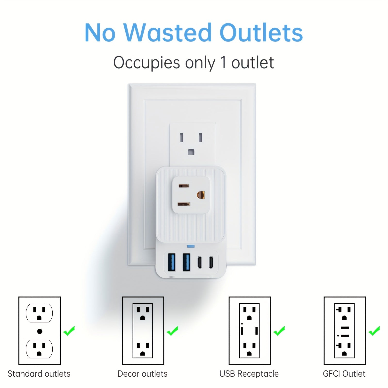 1pc 7-in-1 Multifunctional Power Strip, Compact Flush Mount Outlet Extender with 3 AC Outlets, 2 USB-A & 2 USB-C Ports, Non-Waterproof, 110V-130V US Plug for Smartphones, Tablets, Computers - Travel & Home Office Essentials