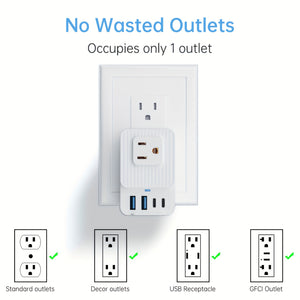1pc 7-in-1 Multifunctional Power Strip, Compact Flush Mount Outlet Extender with 3 AC Outlets, 2 USB-A & 2 USB-C Ports, Non-Waterproof, 110V-130V US Plug for Smartphones, Tablets, Computers - Travel & Home Office Essentials
