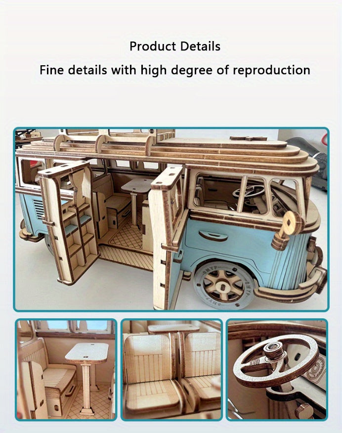 Blue Wooden Puzzle Camping Car, Wooden Car Model, Assembled 3d Three-dimensional Building Block Toys, Educational Toys, Car Series