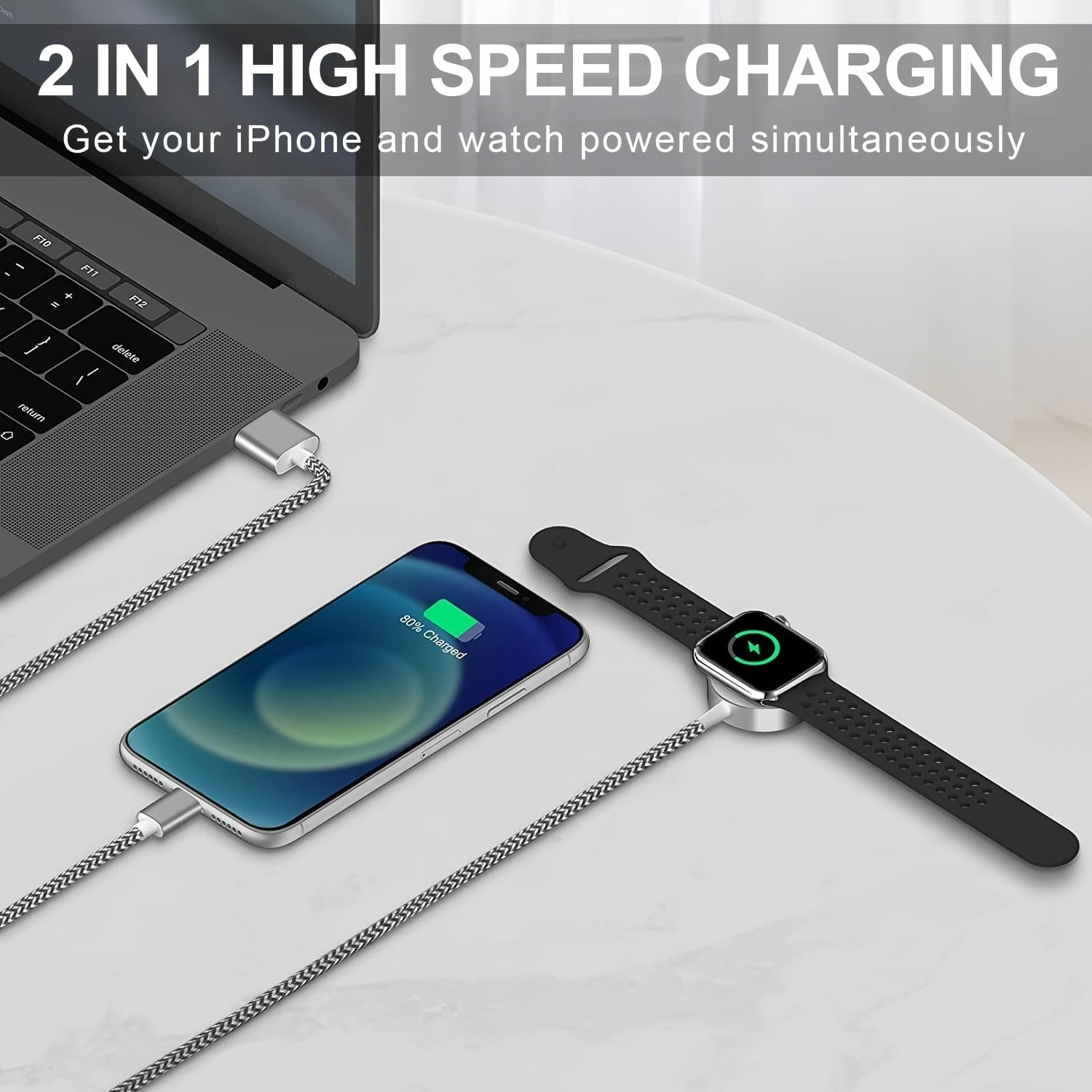 2-in-1 Watch Charger, Nylon Braided Watch Wireless Charging Station, for iWatch and Mobile Phones, Portable Wireless USB Charger for iWatch Series 9/8/7/6/5/3/2/1 and Mobile Phones 14/13/12/11 -Black and White