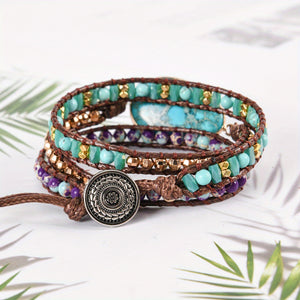 Boho Style Wrap Bracelet Handmade PU Leather Turquoise Beads Bracelet Jewelry Gift