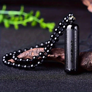 1pc Heart Sutra Round Bead Pendant With Natural Obsidian And Bead Chain, Spiritual Enlightenment Jewelry For Men Women