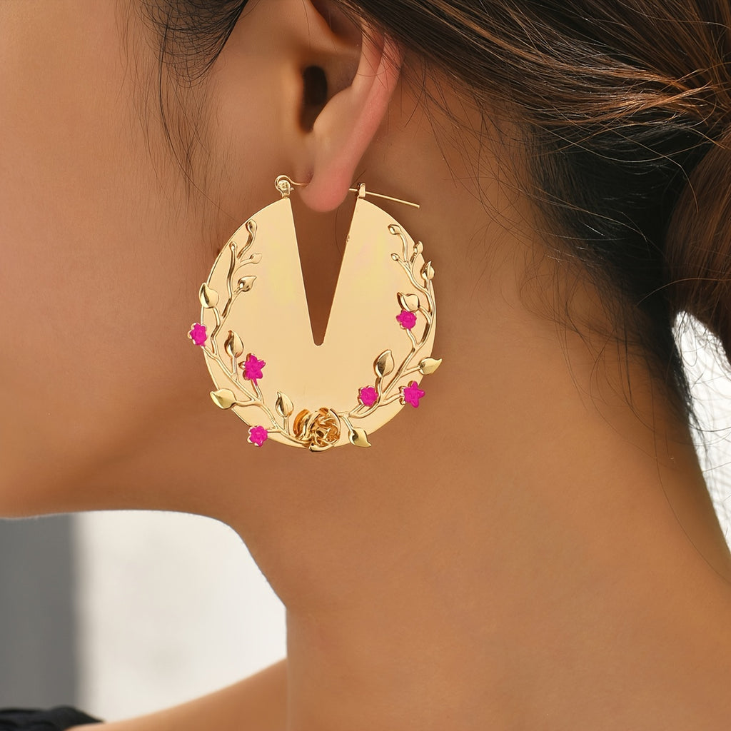 Golden Flower Leaf Hoop Earrings Chunky Personality Ear Accessories For Women