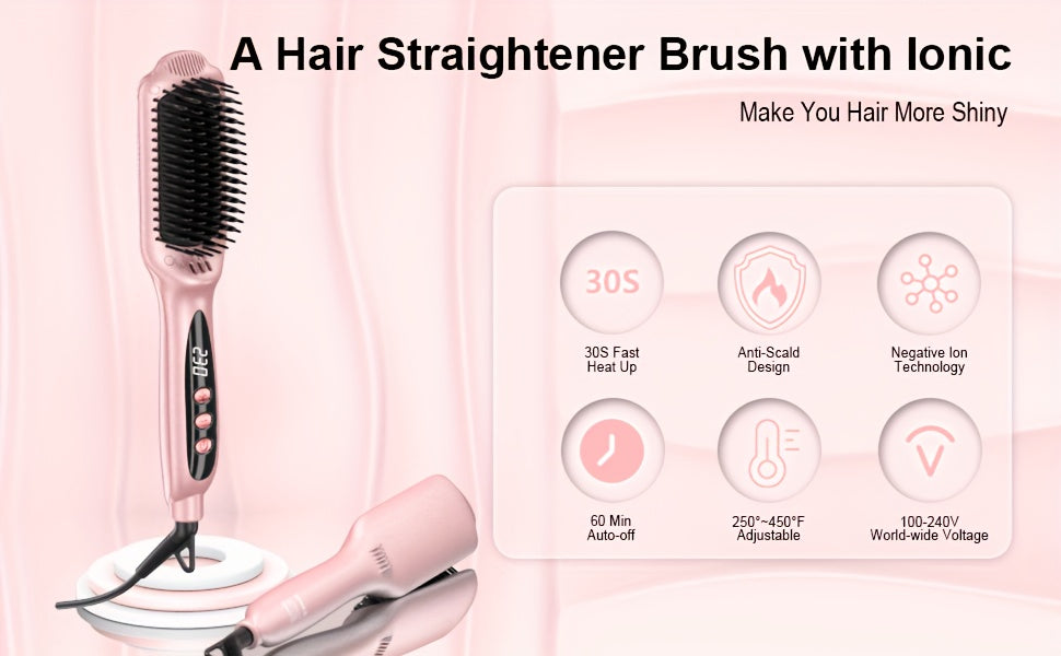 LANDOT Hair Straightener Brush Heated Straightening Brush: Rose Golden Negative Ion Hot Hair Brush For Smooth Frizz Free Hair - Ceramic Flat