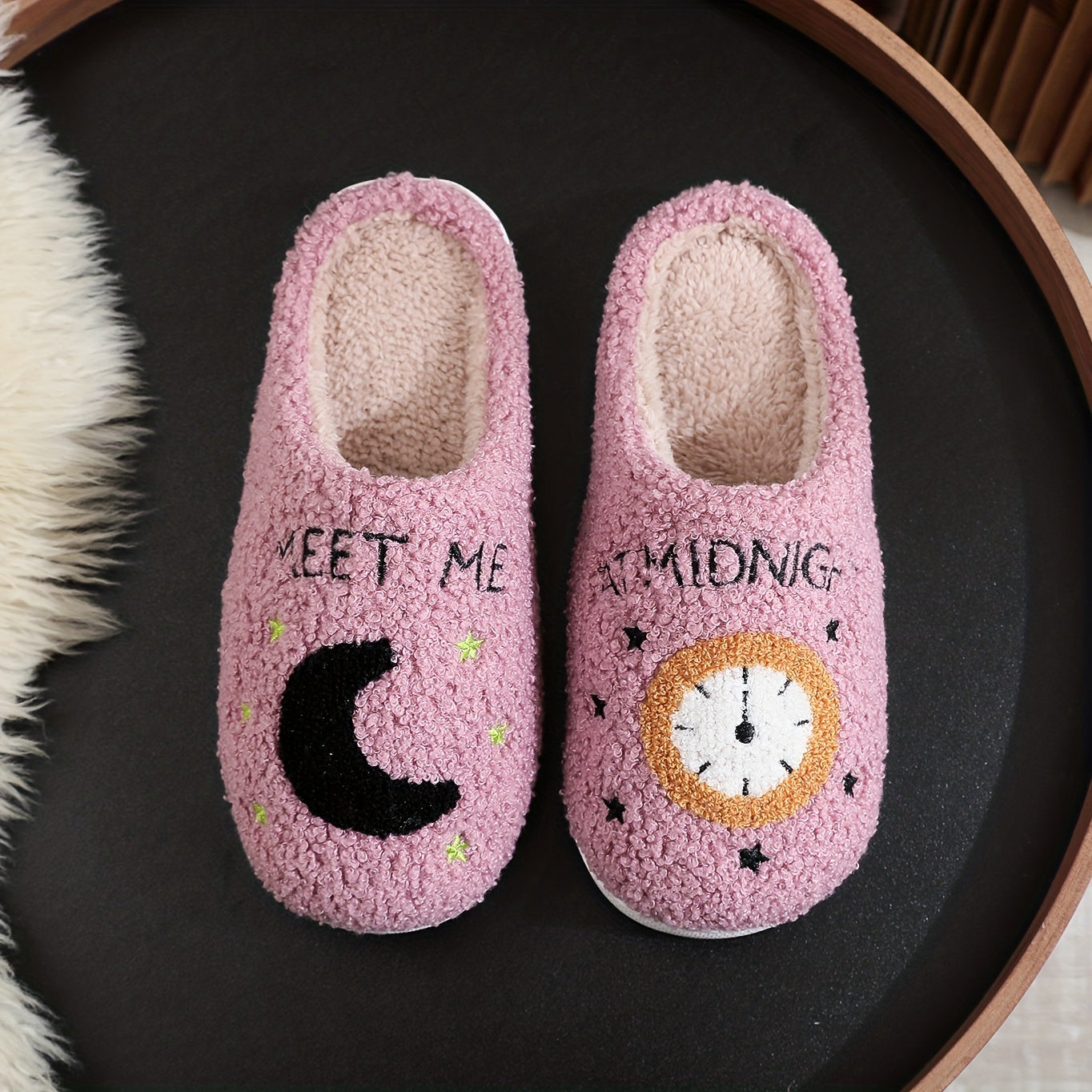 Adorable Moon Clock MEETMEATMIDNIGHT Plush Slippers
