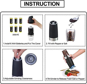 1pc/2pcs Set Gravity Electric Salt and Pepper Grinder, Salt Or Pepper Mill & Adjustable Coarseness, Battery Powered With LED Light, One Hand