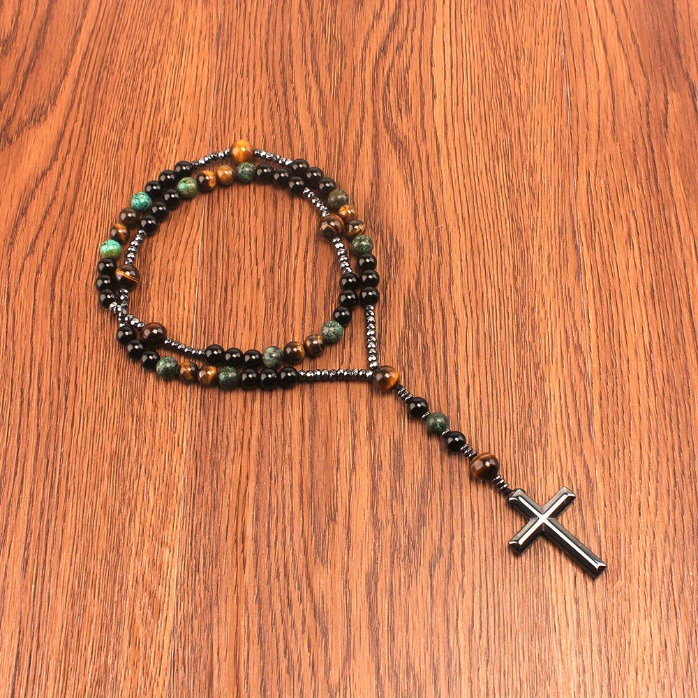 1pc Retro Natural Stone Turquoise Tiger Eye Black Hematite Cross Pendant, Men's Original Stone Prayer Beads Rosary Necklace