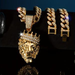 Men'S Crown Lion Head Zinc Alloy Pendant Necklace, Hip Hop Men'S Rhinestone Cuban Chain, Suitable for Daily, Banquet Wear, The Perfect Gift