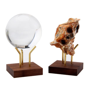 Wood Display Stand Brass Arm Pedestal Square Base Sphere Holder Collectibles Marbles Gems Base for Minerals Crystals Rocks Fossils Decors