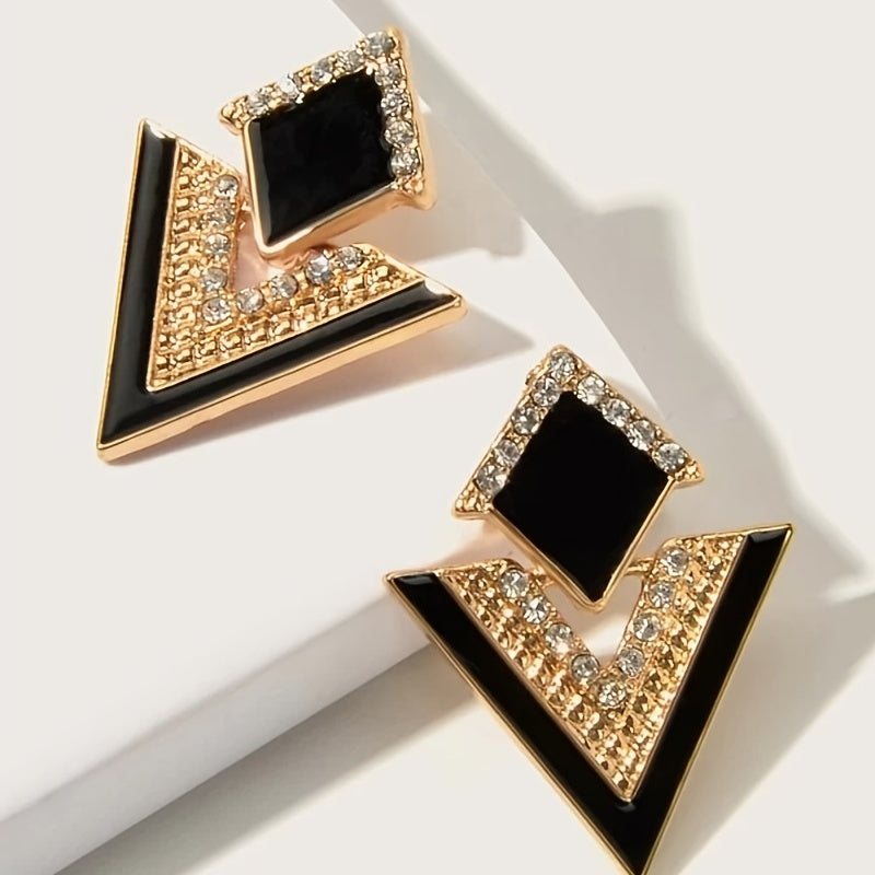 Geometric Black Rhinestones Drop Dangle Earrings 18K Gold Plated Jewelry For Women Decor