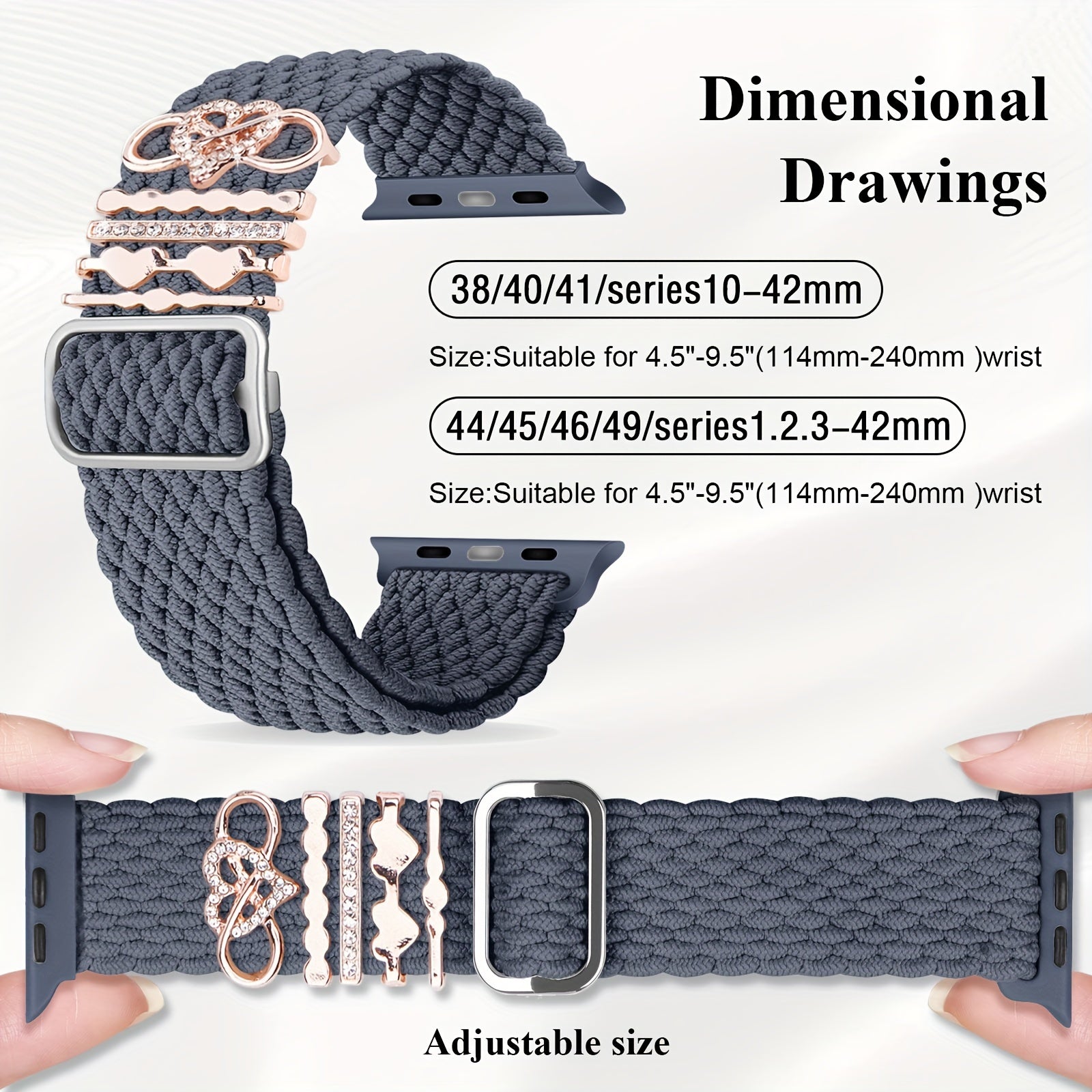 3-Pack Nylon Braided Watch Bands for Apple Watch, Waterproof, Hook & Loop Closure, with 5 Heart Charms, Smartwatch Accessories