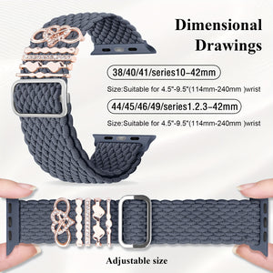 3-Pack Nylon Braided Watch Bands for Apple Watch, Waterproof, Hook & Loop Closure, with 5 Heart Charms, Smartwatch Accessories