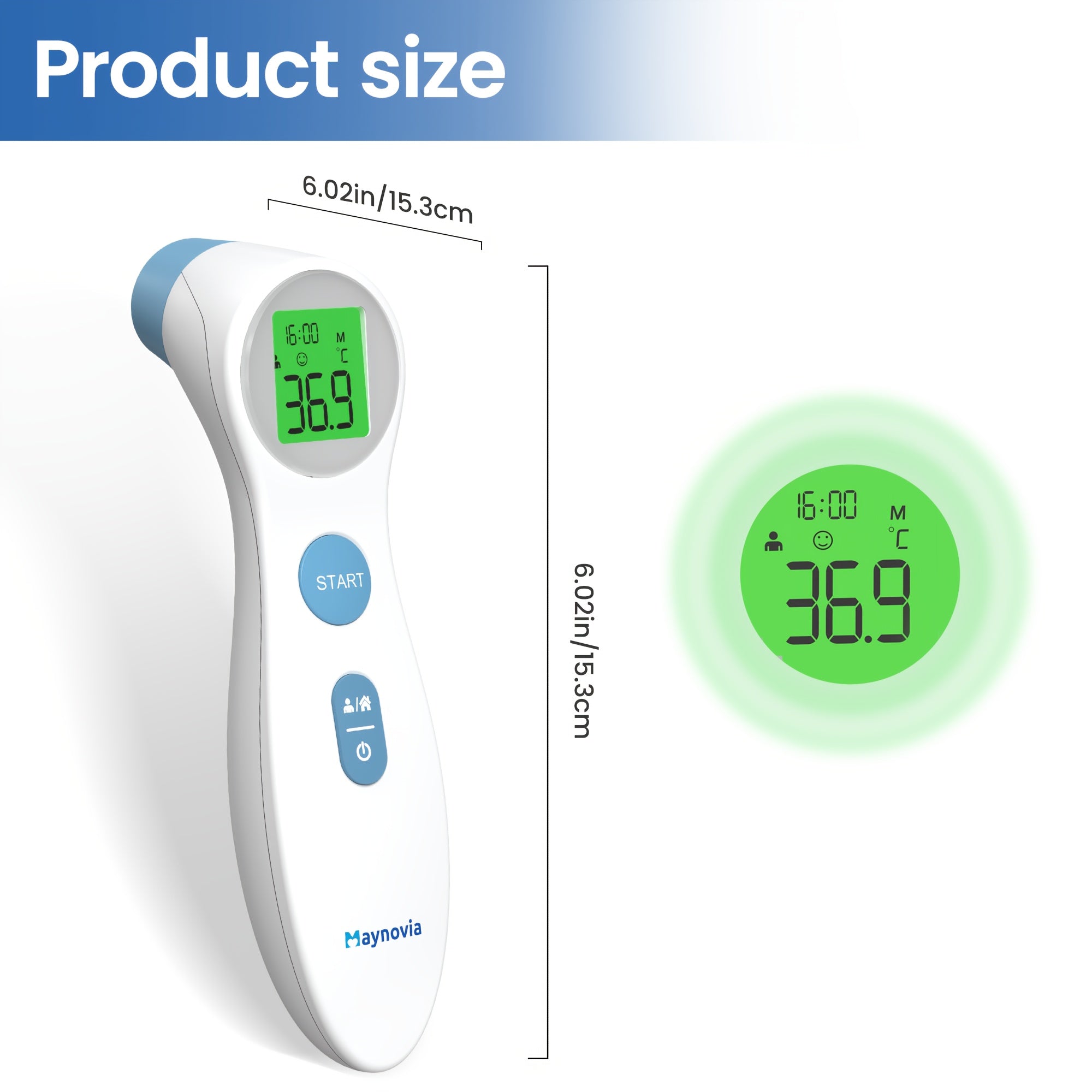 Maynovia Non-Contact Digital Infrared Thermometer for Adults and Children - 1 Second Quick Detection of Fever on Forehead and Ears with LCD Display, Battery Operated, 2 AAA Batteries Delivered, Ideal for Home Health Care