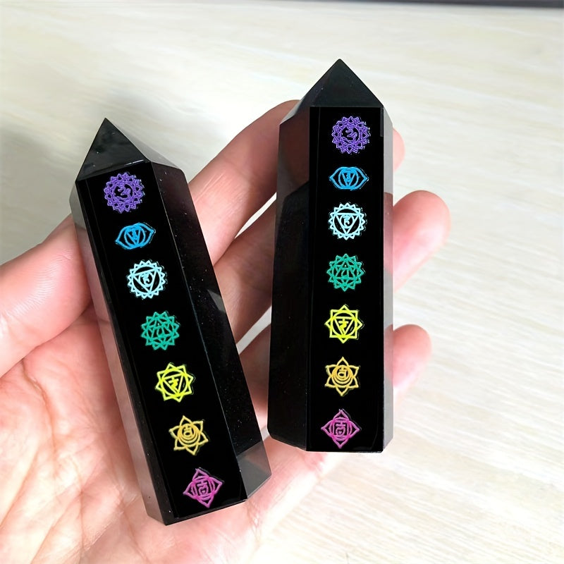 Black Obsidian Seven Main Chakras Symbolic Crystal Tower Healing Crystal The Seven Chakras Wand For Spiritual Use Hexagonal Point Reiki Chakra Gemsone Home Office Decoration