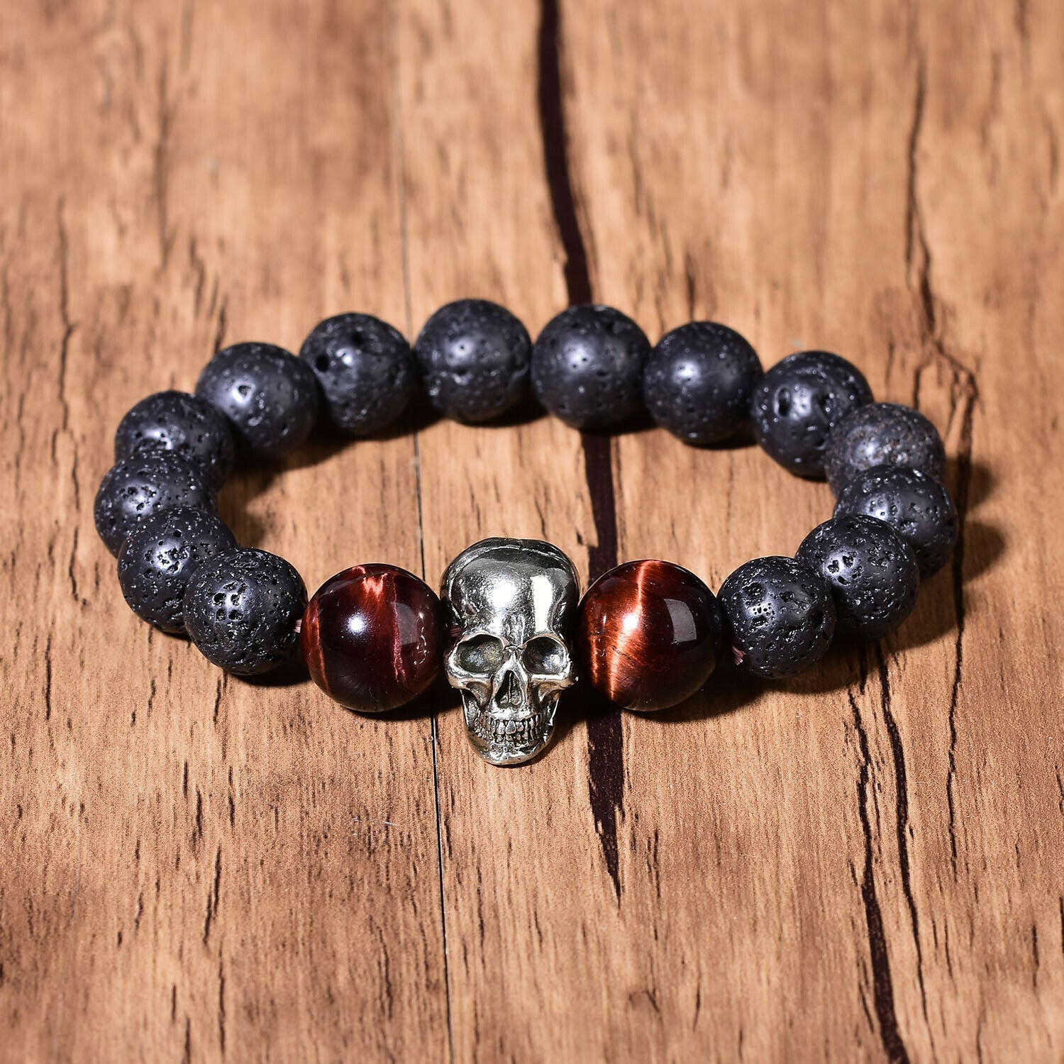 Natural Lava Bracelet Reiki Style Skull Fashion Chakra Crystal Beads Men Women